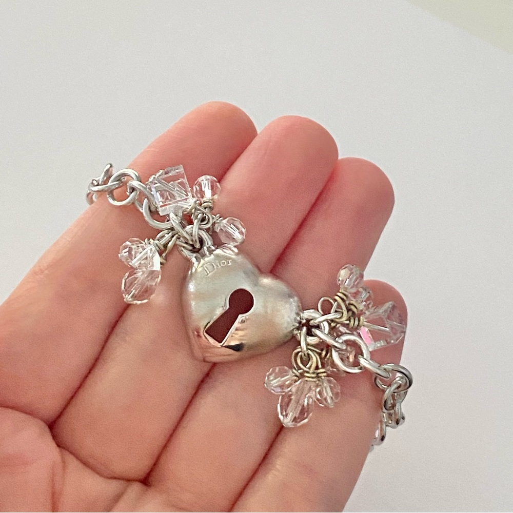 AUTH VTG Christian Dior Silver Chain Link Crystal Bead Heart Lock Charm Bracelet - Picture 9 of 13